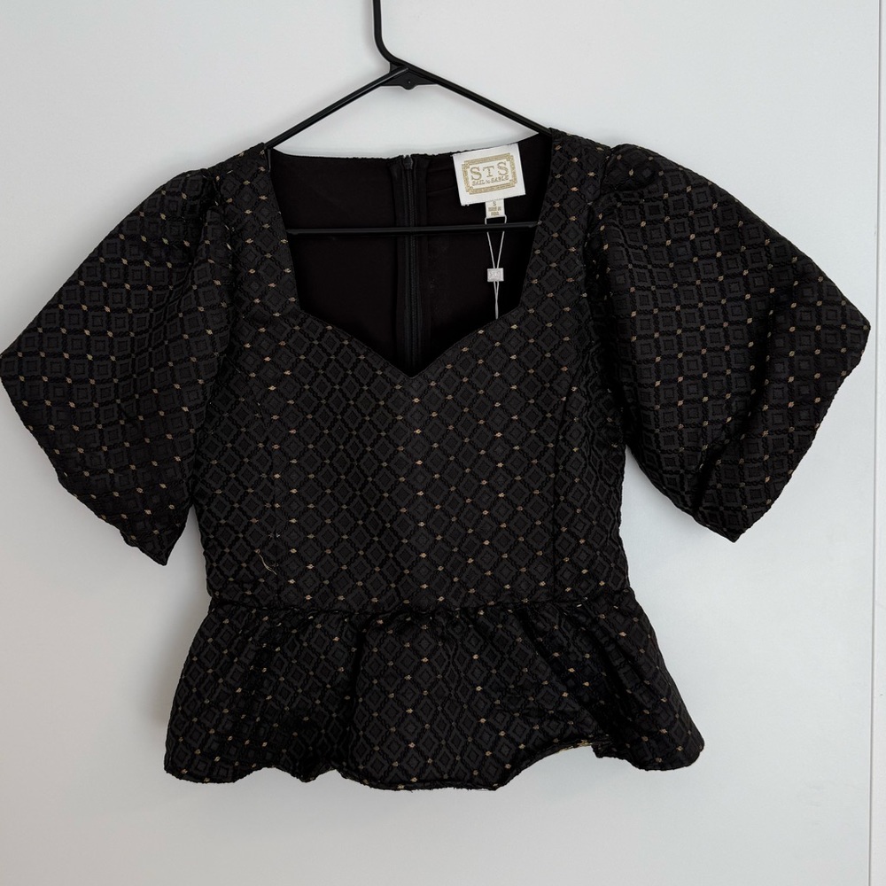 Sail to Sable Black and Gold Jacquard Peplum Top